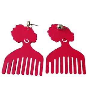 Women's Red Dangle Earrings Wooden Pierced Silhouette Afro Puffs Woman Long